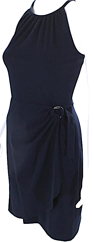 DONNA KARAN. DKNY Black Round Neck Spaghetti Straps Cinch Wrap Mini Dress