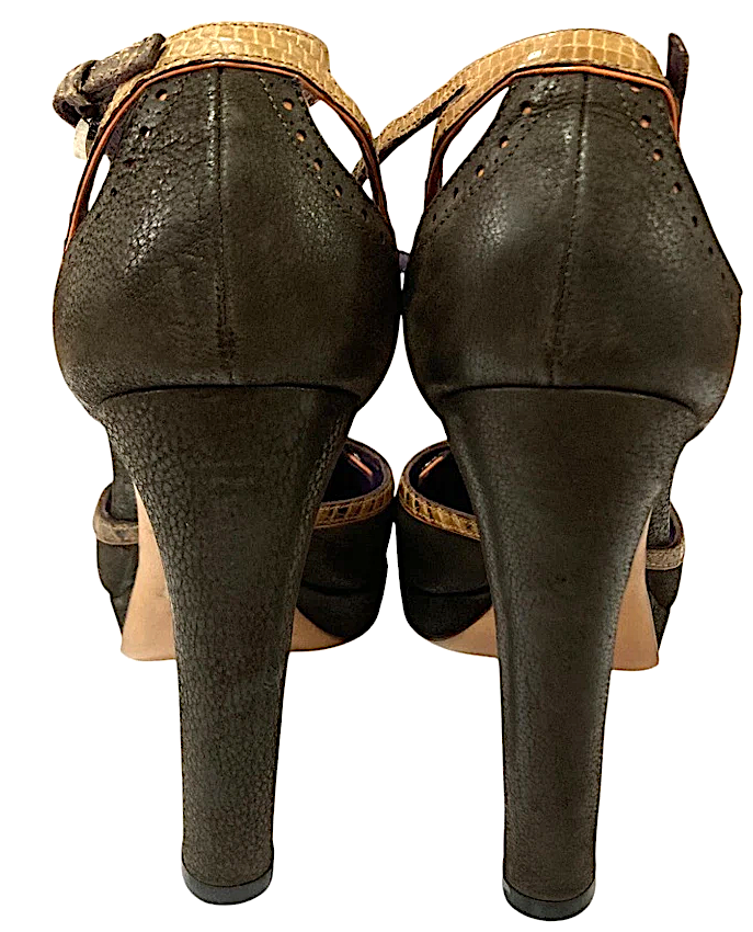 PRADA ITALY. Dark Brown Leather Ankle Strap Pumps 37.5