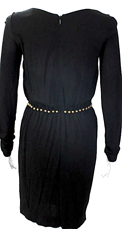 Gucci Italy. Black Viscose Crew Neck Embellished Waist Long Sleeve Dress