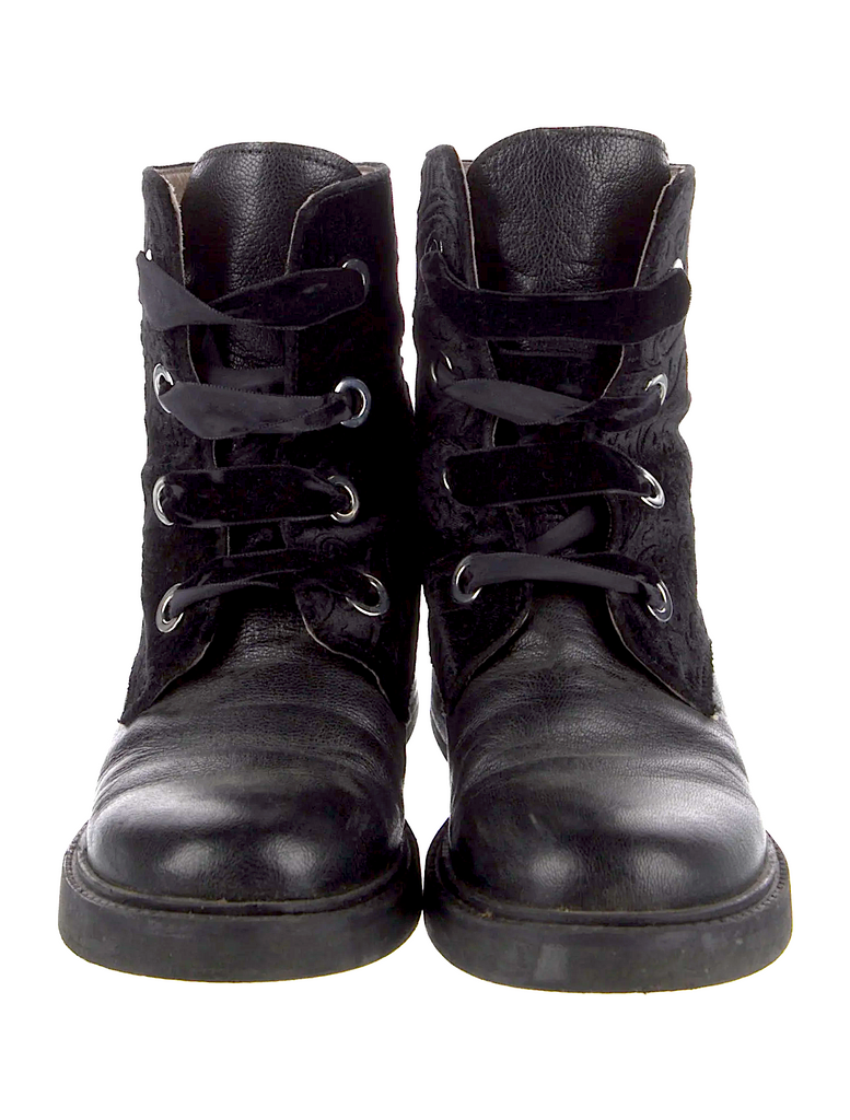 Barney's New York Black Leather/Velvet/Suede Combat Boots Size: 8