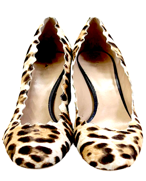 Chloe Paris. Brown Pony Hair Leopard Spotted Scalloped Pumps Block Heel Size 38.5