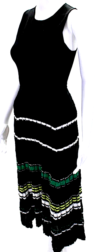 Proenza Schouler NY. Black Striped Print Ribbed Fit & Flare Dress