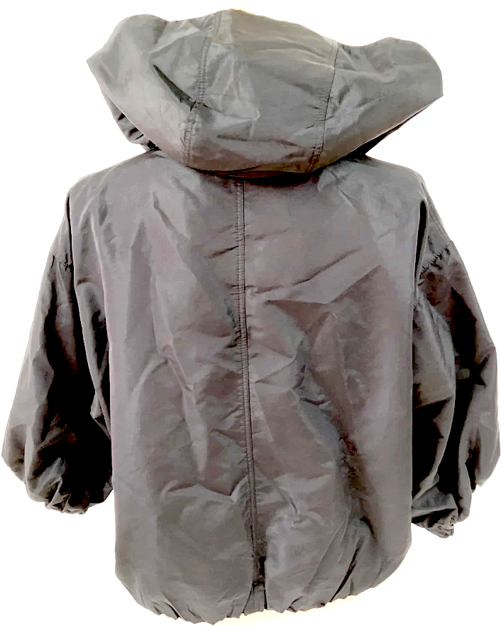 Prada Italy. Black Silk, PolyTech Nylon Hooded Cropped Jacket