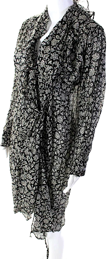 Isabel Marant Paris. Black Cotton Floral Ruffle V-neck Long Sleeve Wrap Dress