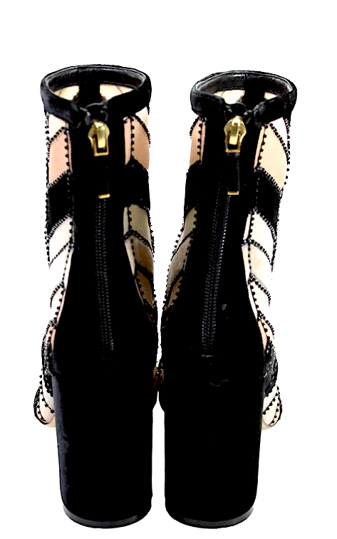 Christian Dior PARIS. Black Brown Block Heel Chevron Pattern Velvet Striped Beaded Boots Size 37
