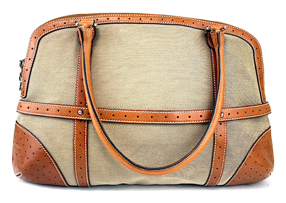 GUCCI ITALY. GG Logo Brown Leather Beige Canvas Shoulder Bag / Handbag