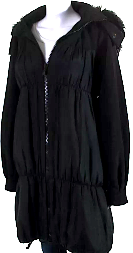 Iceberg Italy. Black Silk Fur Lined Hooded Striped Quilted Puffer Coat