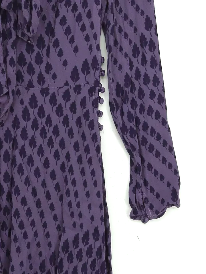 Ghost London UK. Tanya Sarne. Plum 100% Viscose Long Sleeve Midi V-Neck A-Line Midi Dress