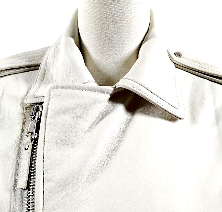 BALENCIAGA PARIS. Off White/Cream Color Leather Moto Style Jacket