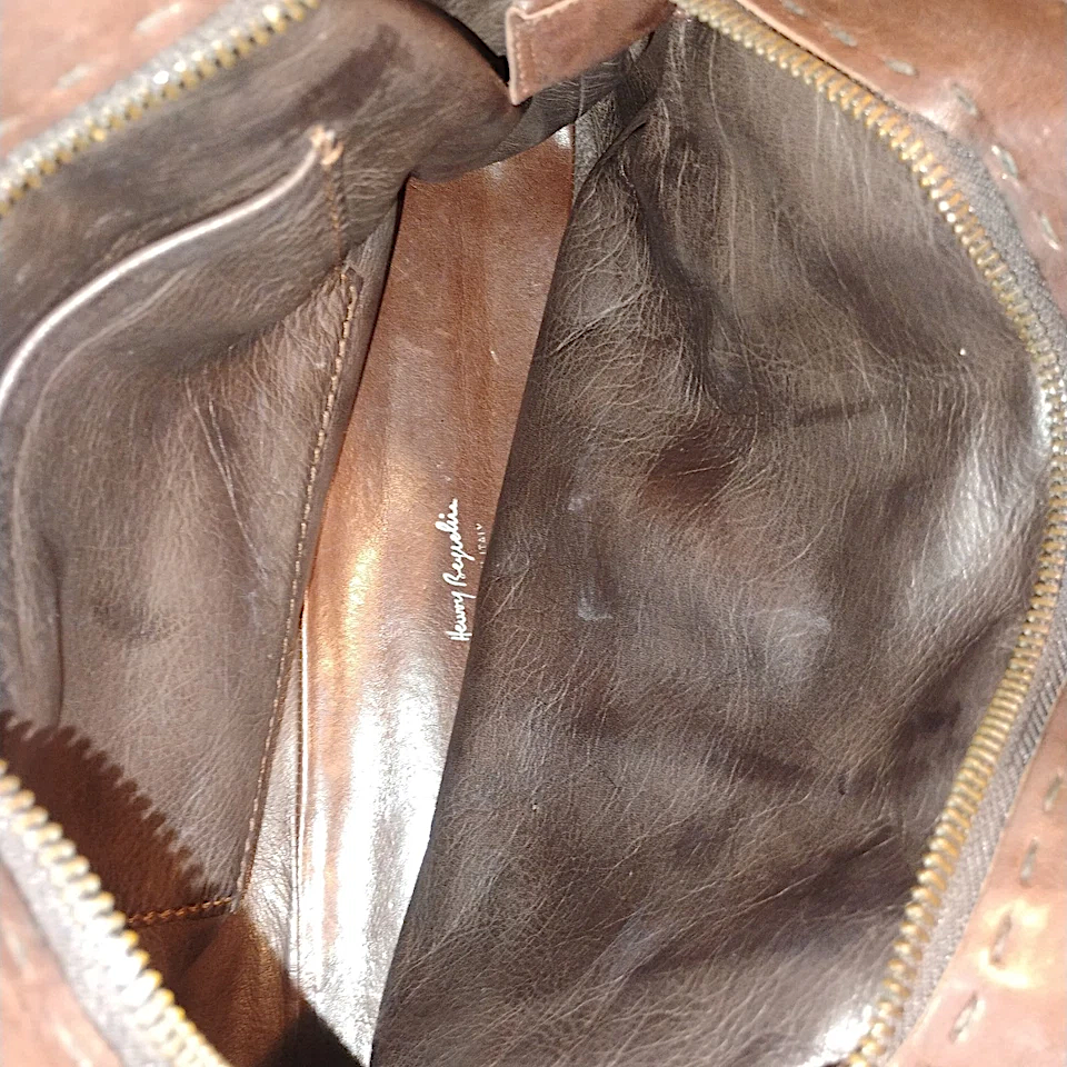 Henry Beguelin Paris. Vintage Handmade Distressed Leather / Snake Embossed Detail Shoulder Leather Bag