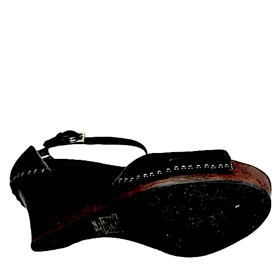 Prada Italy Black Suede Studded Detail Ankle Strap Wood Wedge Heels Size 9.5
