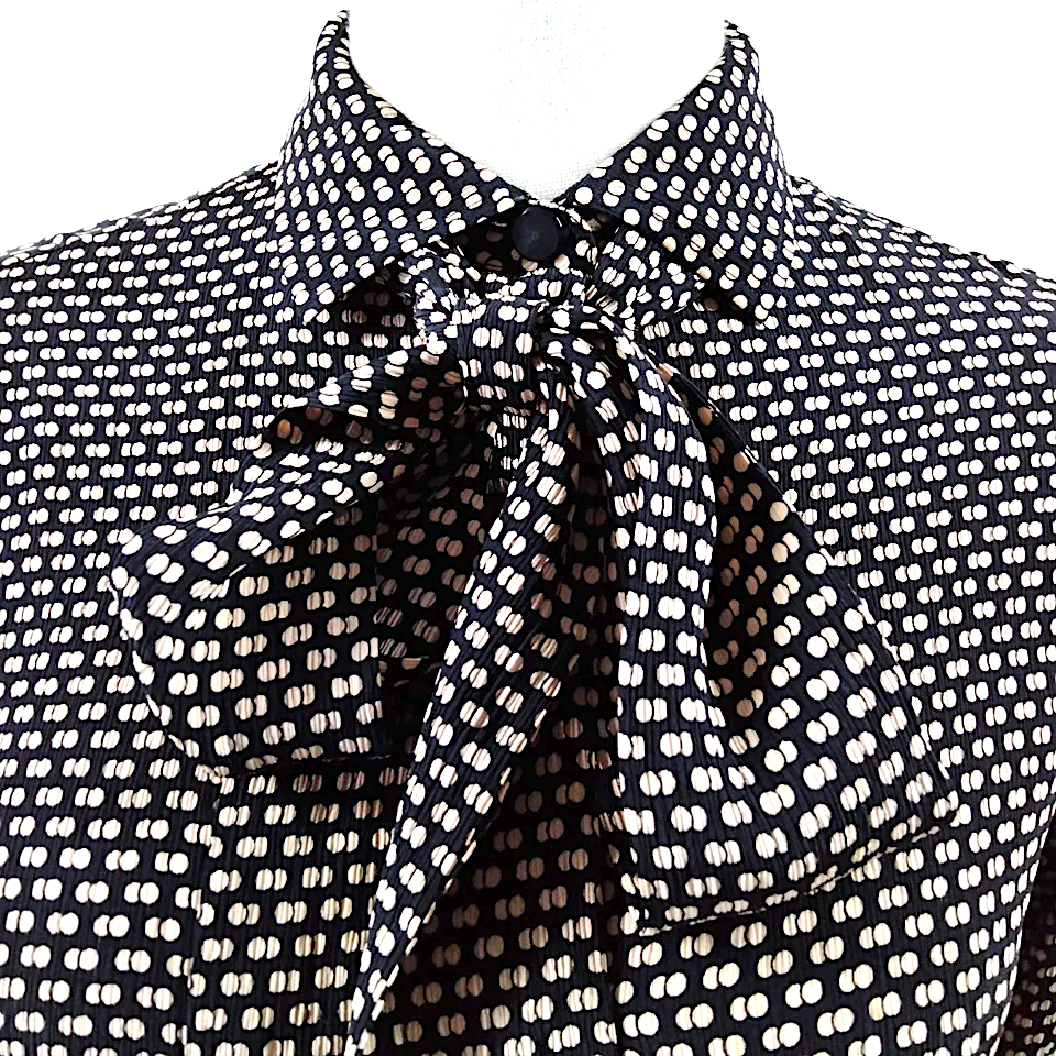 Christian Dior Paris. Dark Brown Geometric Print Silk Bow Blouse