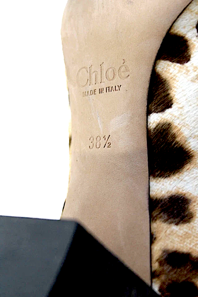 Chloe Paris. Brown Pony Hair Leopard Spotted Scalloped Pumps Block Heel Size 38.5