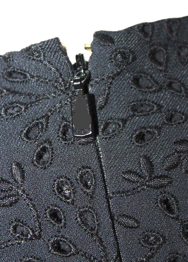 CHLOE PARIS. Black Embroidered Round Neck Short Sleeve Zip Up Dress