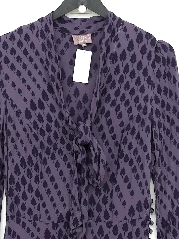 Ghost London UK. Tanya Sarne. Plum 100% Viscose Long Sleeve Midi V-Neck A-Line Midi Dress