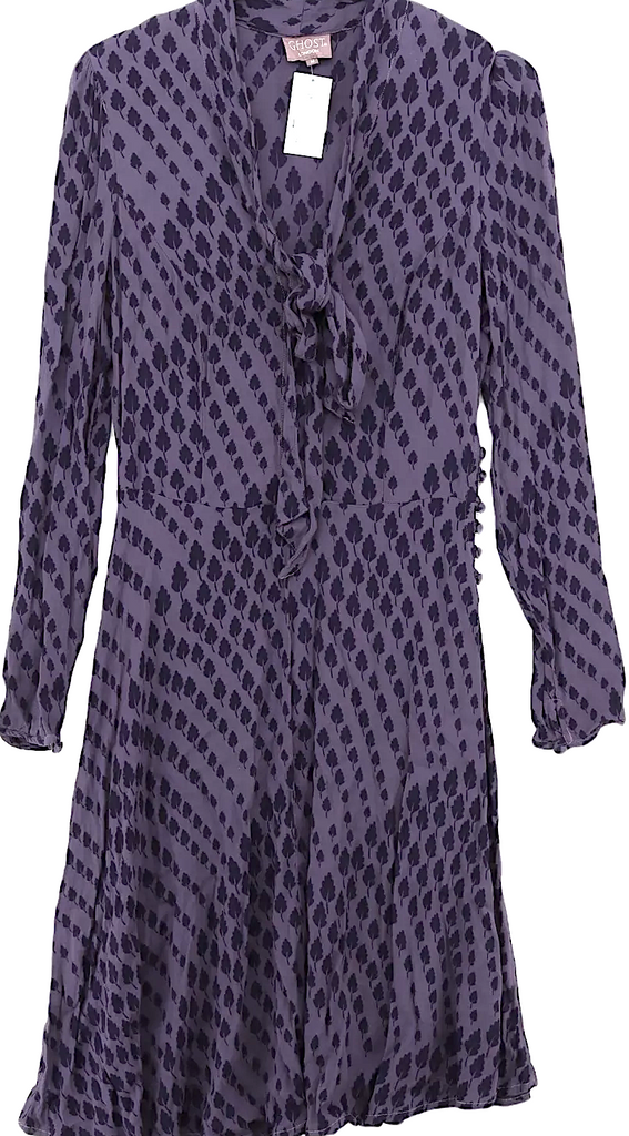 Ghost London UK. Tanya Sarne. Plum 100% Viscose Long Sleeve Midi V-Neck A-Line Midi Dress
