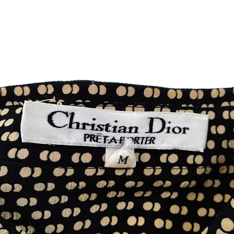Christian Dior Paris. Dark Brown Geometric Print Silk Bow Blouse