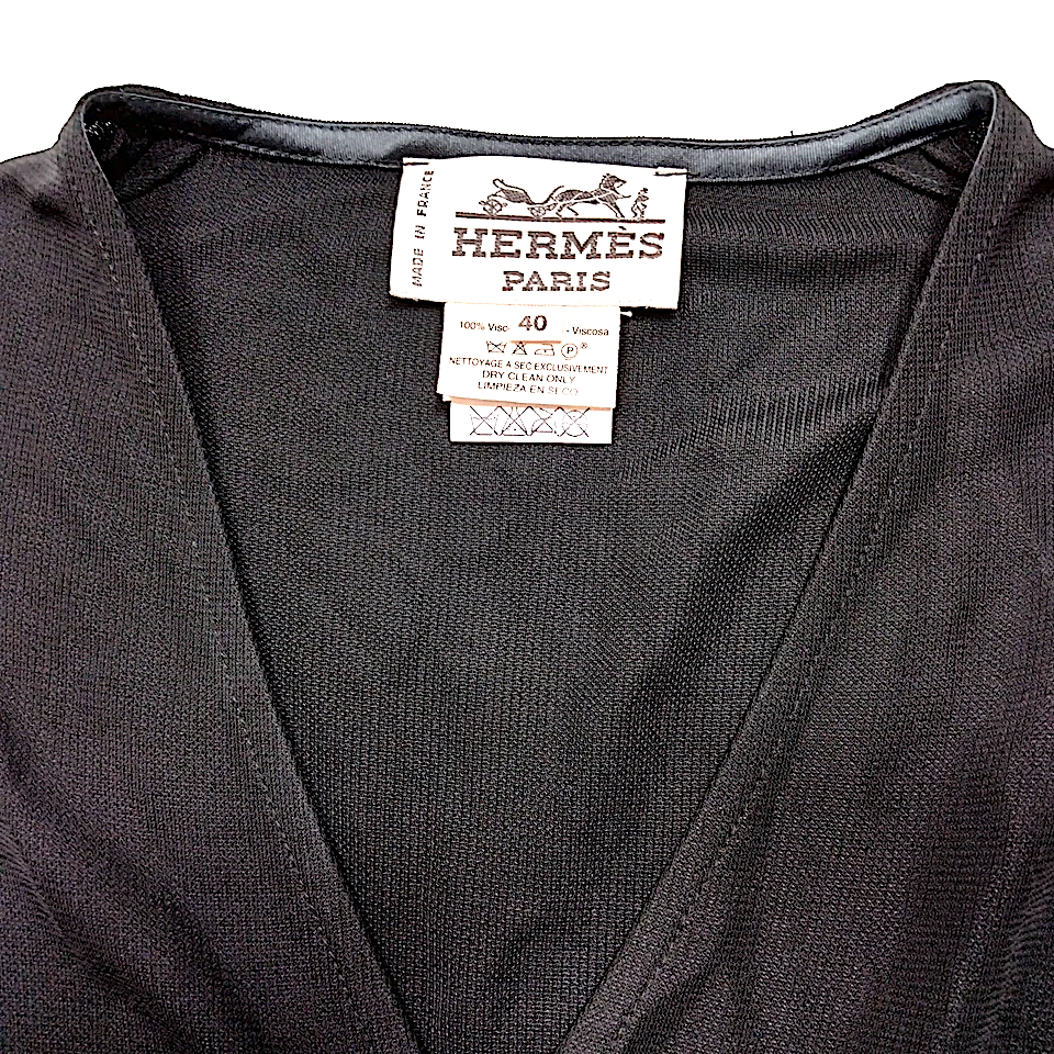 Hermes Paris. Black Rayon Dress with Sewn in Hermes Leather Belt