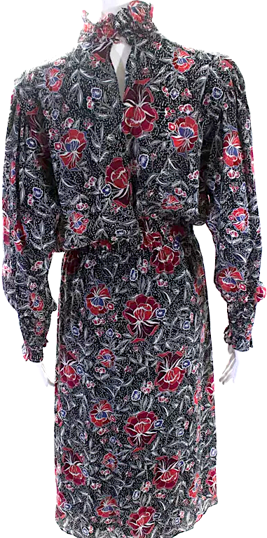 Isabel Marant Etoile Paris. Black Silk Chiffon Floral A-Line Maxi Dress