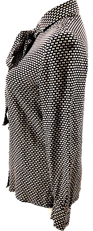 Christian Dior Paris. Dark Brown Geometric Print Silk Bow Blouse