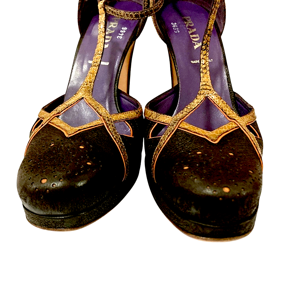 PRADA ITALY. Dark Brown Leather Ankle Strap Pumps 37.5