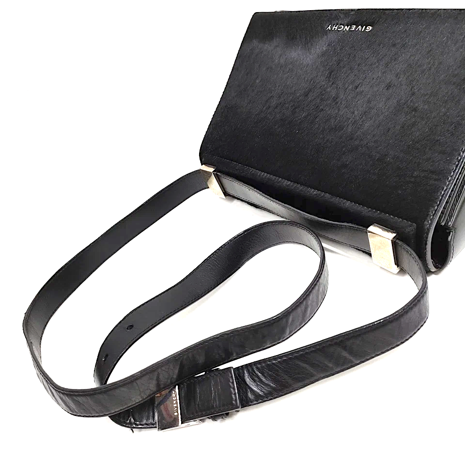 Givenchy Paris. Black Pony Hair Flap Black Leather Shoulder Bag