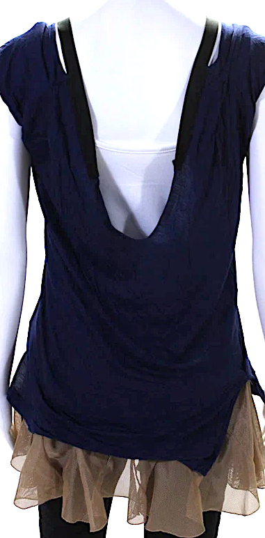 Toga Pulla Archives Japan. Blue/Beige Off Shoulder Mesh Trim Blouse