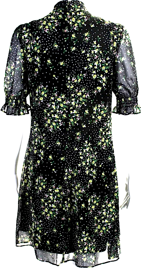 DONNA KARAN. DKNY Black Floral Print Tie Collar Short Sleeve Shift Dress Black