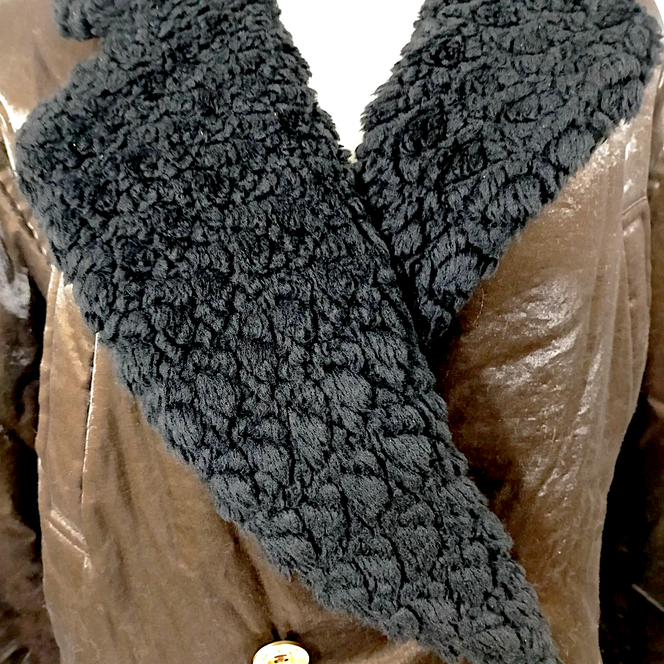 Givenchy Paris. Vintage Brown Rayon.Nylon Coat w/Black Faux Fur Accents. MANY MORE FURS AND FAUX FUR IN STORE NOW