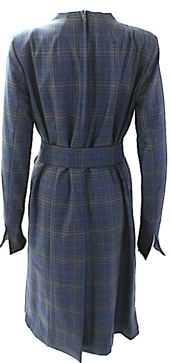 Toga Pulla Archives Japan. Wool Blue Plaid Print Zippered Detail Belted Dress