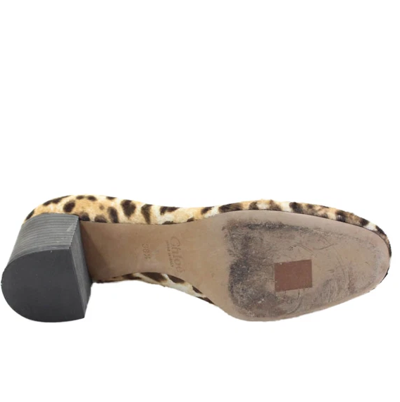 Chloe Paris. Brown Pony Hair Leopard Spotted Scalloped Pumps Block Heel Size 38.5