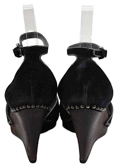 Prada Italy Black Suede Studded Detail Ankle Strap Wood Wedge Heels Size 9.5
