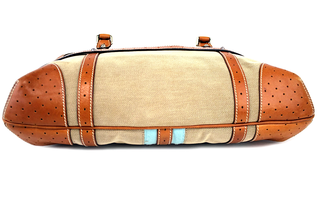 GUCCI ITALY. GG Logo Brown Leather Beige Canvas Shoulder Bag / Handbag