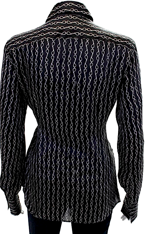 GUCCI ITALY. Black/Grey Silk Horsebit Print Button Down Blouse