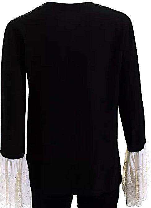 Saint Laurent Paris. Black Crepe Eyelet Bell Sleeve V-Neck Blouse Top
