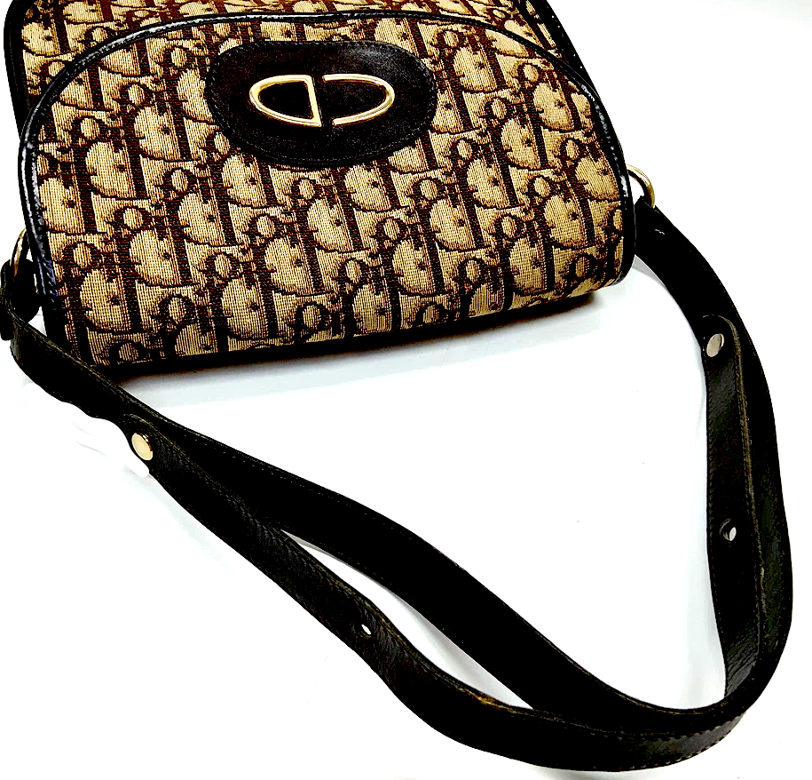 Christian Dior Paris. Brown Canvas and Leather Logo Shoulder Bag