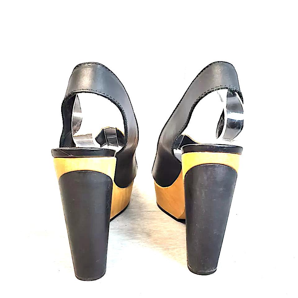 Pierre Hardy Paris. (Hermes Shoe Designer) Platform Wedge Peep Toe Slingback Wood Black Leather Heals Size 38