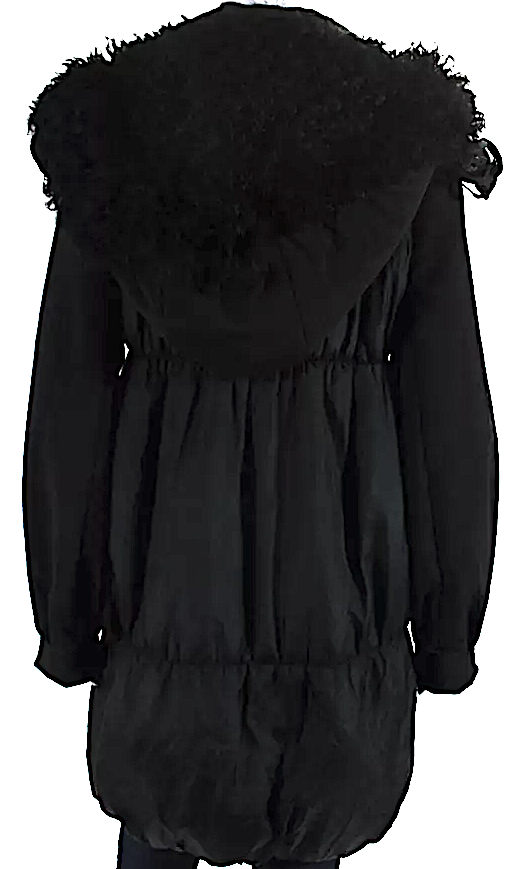 Iceberg Italy. Black Silk Fur Lined Hooded Striped Quilted Puffer Coat