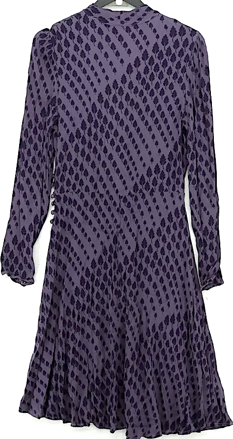 Ghost London UK. Tanya Sarne. Plum 100% Viscose Long Sleeve Midi V-Neck A-Line Midi Dress