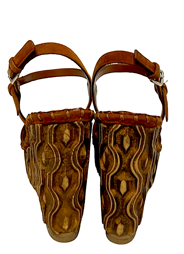 MIU MIU ITALY.  Dark Brown Light Brown Suede Leather Wood Platform Sandals SZ 37.5IT