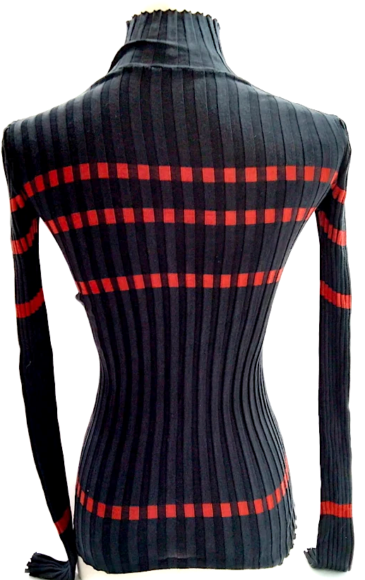 Loewe Madrid. Black Silk with Rust Color Accent Stretch Turtleneck Top