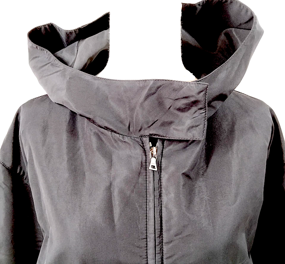 Prada Italy. Black Silk, PolyTech Nylon Hooded Cropped Jacket