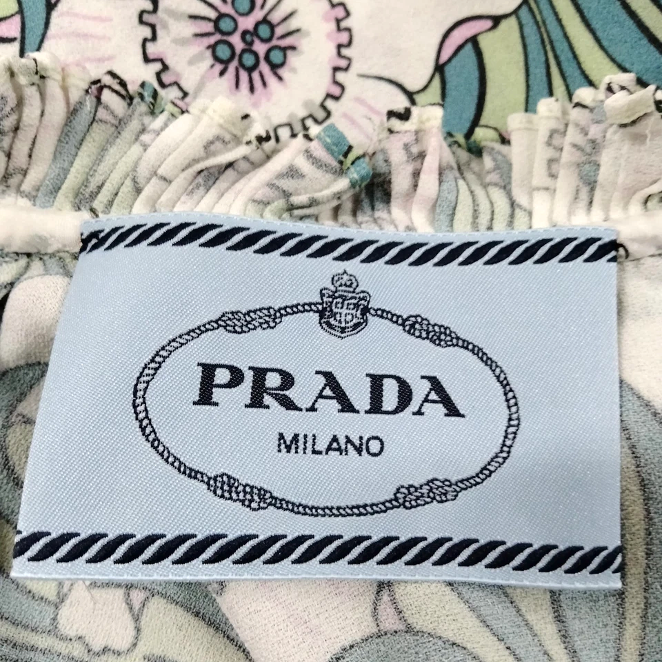 Prada Italy. Green Variations Rayon, Polyurethane Print Dress