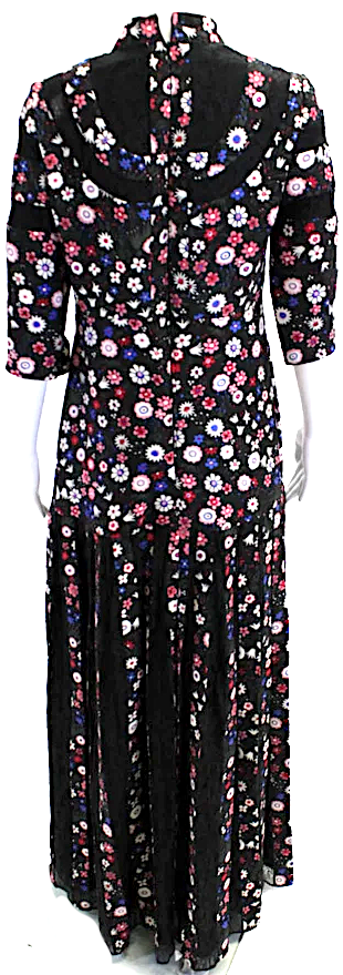 Valentino Garavani Italy. Black Silk Floral High Neck Long Sleeve Maxi Dress