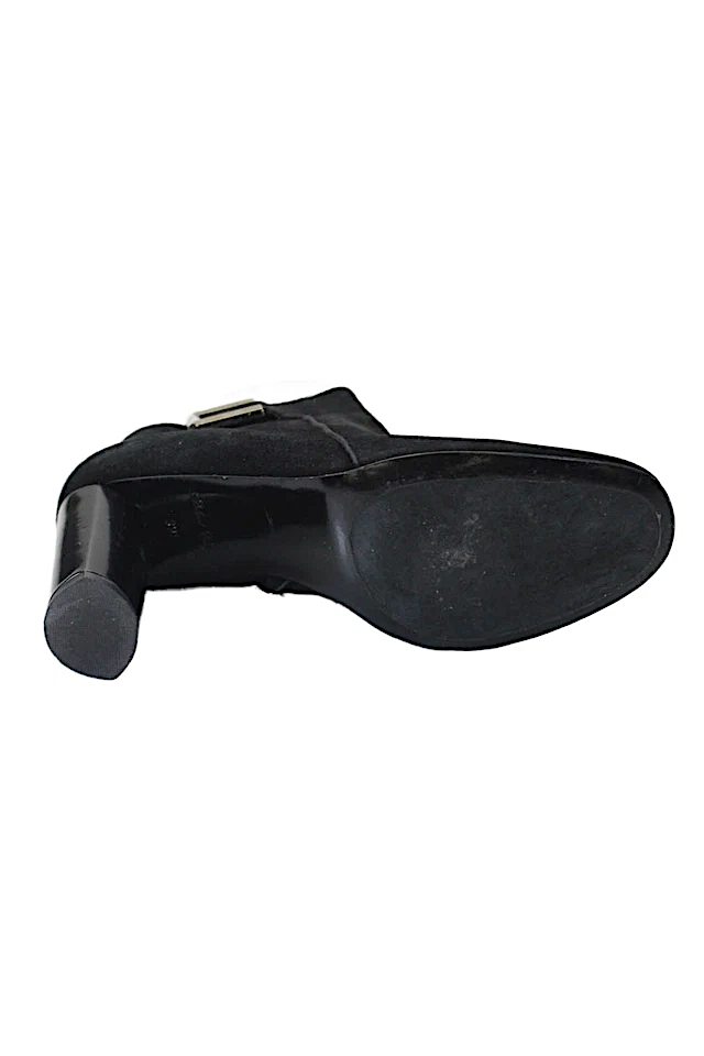 Robert Clergerie Paris. Black Suede Zippered Silver Buckle Accent Heeled Boots Size 9.5