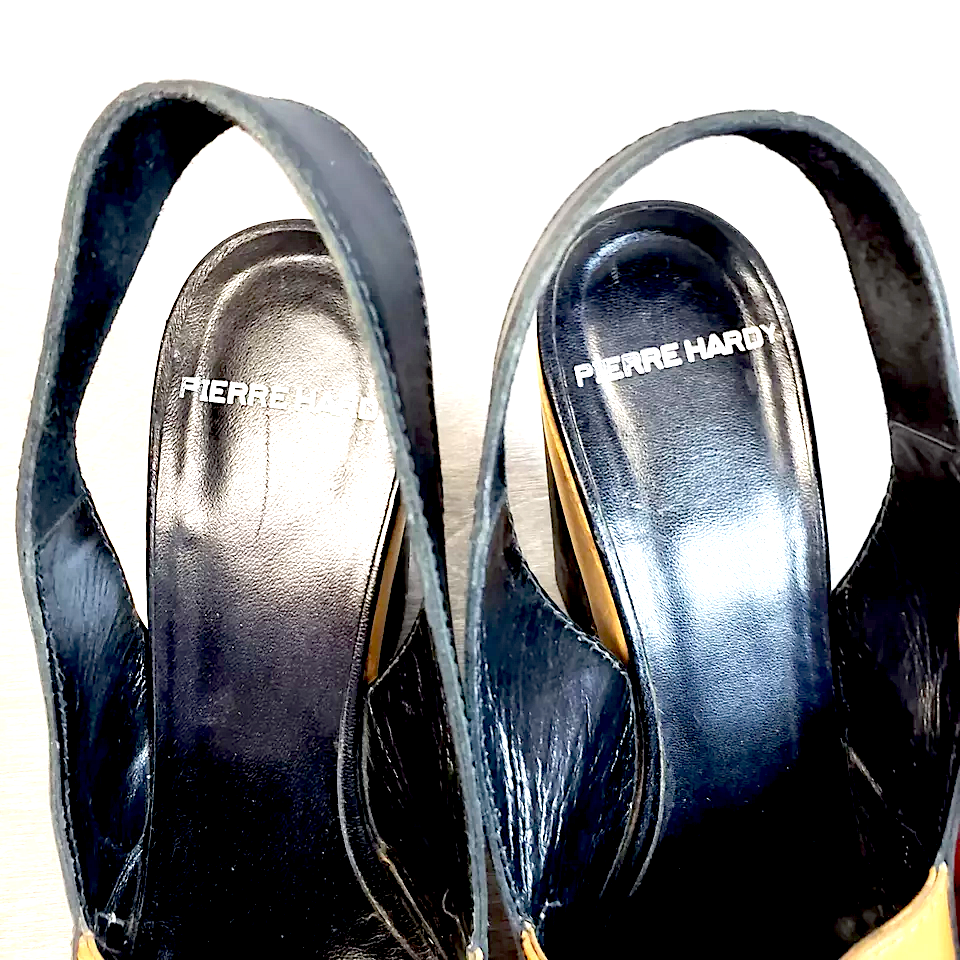 Pierre Hardy Paris. (Hermes Shoe Designer) Platform Wedge Peep Toe Slingback Wood Black Leather Heals Size 38