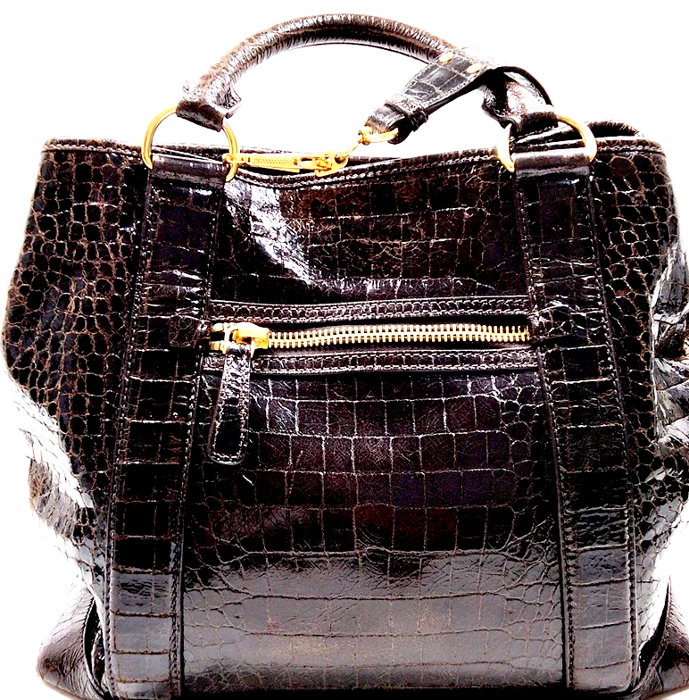 Miu Miu Italy. Brown Croc Pattern Leather Shoulder Bag / Hand Bag / Crossbody Bag