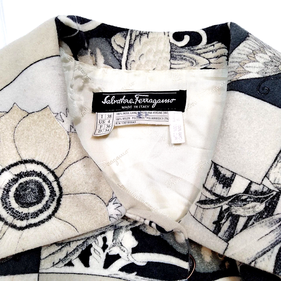 Ferragamo Italy. Multi Color Abstract Wool, Nylon Coat