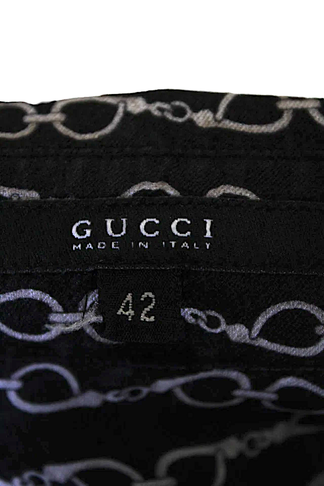 GUCCI ITALY. Black/Grey Silk Horsebit Print Button Down Blouse