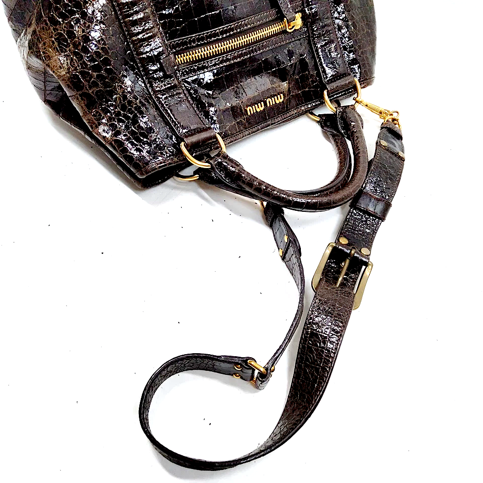 Miu Miu Italy. Brown Croc Pattern Leather Shoulder Bag / Hand Bag / Crossbody Bag